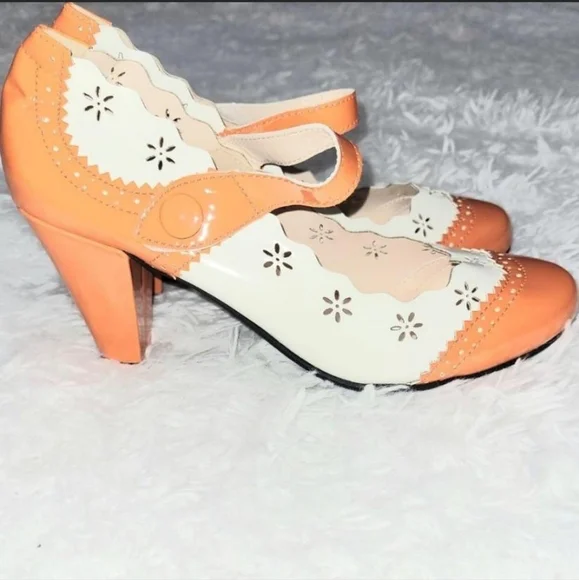 Orange & White Mary Jane Heels With Velcro Strap & Floral Women's US 8! ✨️ - Picture 3 of 5